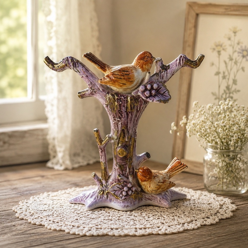 Vintage Ucagco Japan Ceramic Bird Tree Figurine MCM Cottagecore Gold Accent